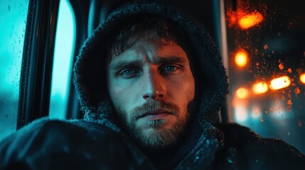 An evocative image of a man with a hooded jacket staring intensely at the camera, surrounded by the soft glow of bus lights, revealing layers of emotion and story.