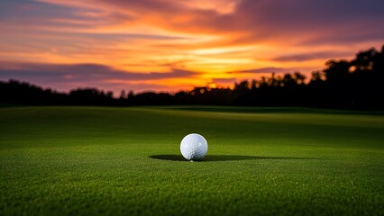 A Golf ball on the green with a stunning sunset sky.