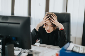 Woman in office facing stress from work, holding her head, feeling overwhelmed.