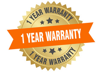 1 year warranty. 1 year warranty round orange and gold label isolated on transparent background