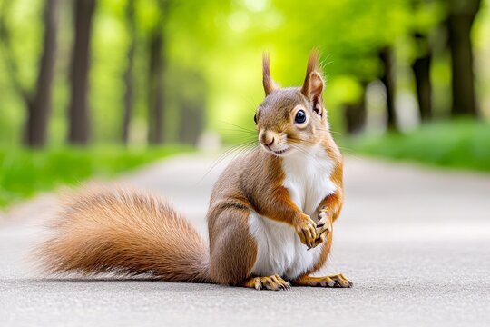 A squirrel sitting near a hiking trail, observing passing hikers with curiosity