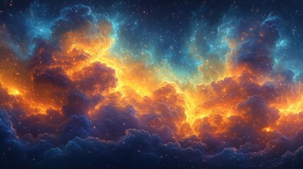 Celestial Inferno: A fiery cosmic cloudscape ablaze with vibrant orange and blue hues, a mesmerizing digital artwork capturing the essence of interstellar phenomena.