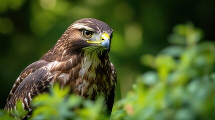 Hawk portrait in green foliage
