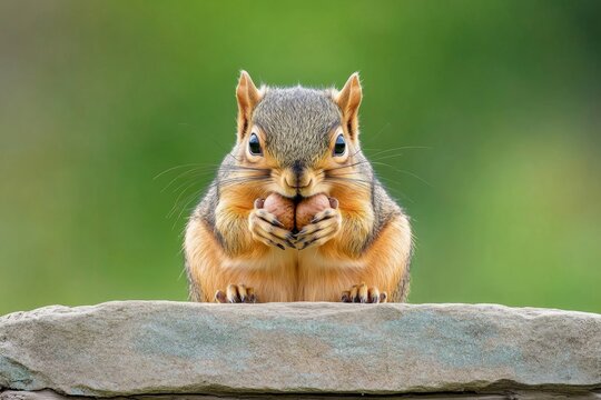 A squirrel storing multiple acorns in its cheeks, making its face look comically full