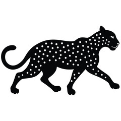 Black Spotted Leopard Silhouette Walking Isolated On White Background Illustration.