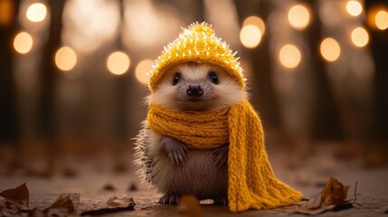 A charming hedgehog adorned in a vibrant yellow hat and scarf, illuminated by gentle fairy lights, creating a whimsical, cozy atmosphere in the forest during fall.