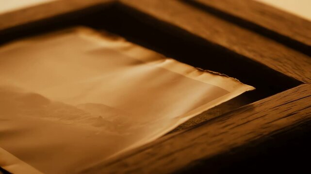 Faded, creased photograph in wooden frame. Camera focuses on worn edges and blurred image