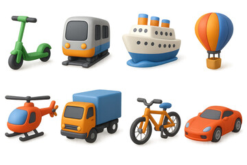 3d transportation icons set: diverse vehicles in simplified cartoon design
