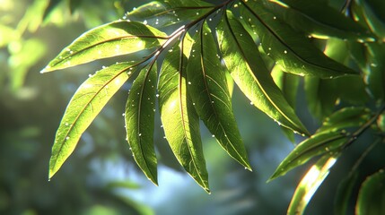 Obraz premium Sunlit leaves, forest background, nature scene, botanical illustration, website banner