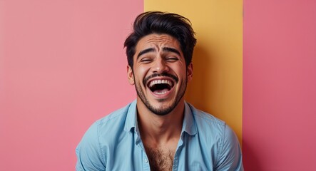 Obraz premium latin Hispanic 20s man on colorful plain bright background happy laughing hysterical looking at camera portrait banner with copy space ad concept marketing