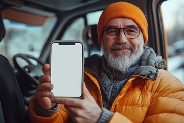 Happy middle aged courier man showing cellphone with empty screen, advertising delivery service, sitting in van and smiling, mockup, Generative AI