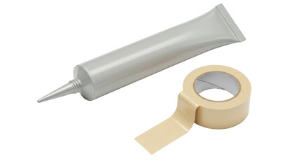 Isolated Tube of Adhesive Glue and Roll of Tan Masking Tape