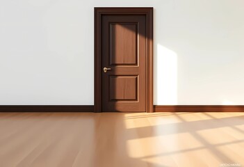 A beautifully crafted wooden door with detailed panels, enhancing the minimalist interior style featuring clean white walls and a polished hardwood floor.