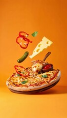 Pizza topped with fresh vegetables and cheese suspended in mid-air against an orange background