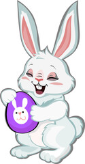 Fototapeta premium rabbit with egg, stylized cartoon gray rabbit sitting holding an egg
