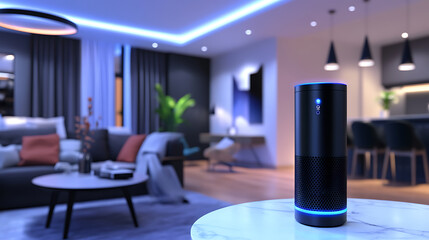 An AI powered virtual assistant managing real time home automation in a modern smart home, stylish living room with real-time device control and voice interaction, Smart technology style