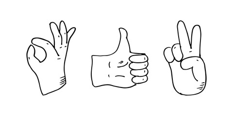 Obraz premium Three hand gesture symbols, thumb up, OK, and peace doodle cartoon hand drawn.