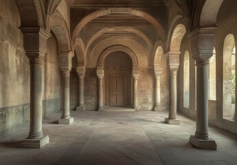 Fototapeta premium Interior of Historic Architectural Space with Arched Columns and Walls