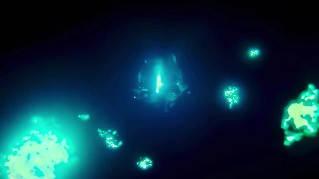 Otherworldly deep-sea submersible encounters glowing bioluminescent creatures in pitch-black abyss, illuminating the darkness with alien-like light, perfect for sci-fi or nature scenes