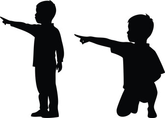 Boys Silhouette, Pointing Finger, Different Poses, Isolated on Transparent Background
