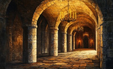 Majestic Stone Archways in a Dimly Lit Historic Castle Hallway