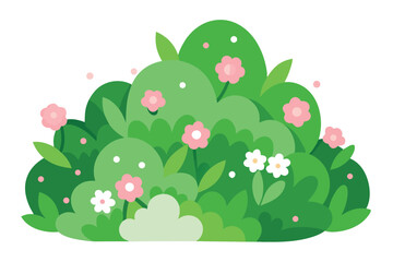 Cartoon Green Foliage with Pink Blooms and White Daisy Flowers on White Background