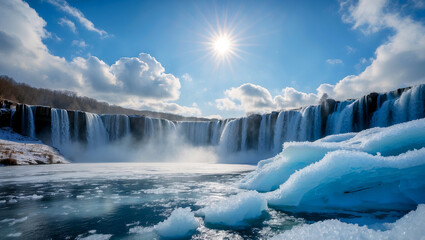 Fototapeta premium Frozen waterfall under bright sunlit blue sky
