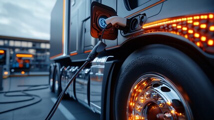 Semi truck charging its electric battery at a station with illuminated wheels