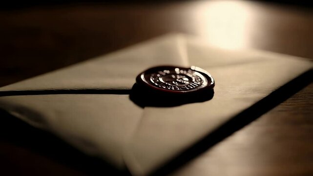 Folded letter sealed with wax stamp. Camera focuses on creases and seal impression