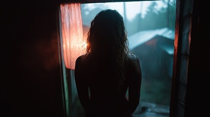 A silhouette of a person standing by a rain-soaked window, evoking feelings of introspection and solitude as the rain gently falls outside in a tranquil setting.