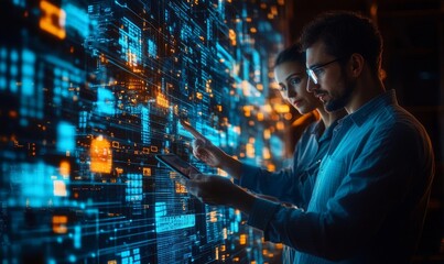 Factory Digitalization. Two Industrial Engineers Use Tablet Computer, Visualize the Wall of Big Data Statistics, Optimization of High-Tech Electronics Facility. Industry 4.0 Machinery, Generative AI