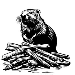Beaver standing proudly on a collection of wooden logs, showcasing its natural habitat and industrious behavior in a wilderness setting