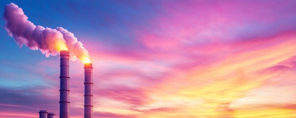 Obraz premium Industrial Smokestacks at Sunset Vibrant Sky and Smoke Plumes