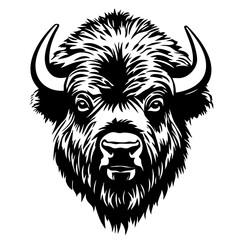 Buffalo head in striking black vector design highlighting its powerful features and detailed fur texture for artistic and graphic use © Mateusz