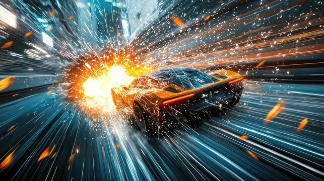 Futuristic Hypercar Exploding Through City Streets at breakneck Speed