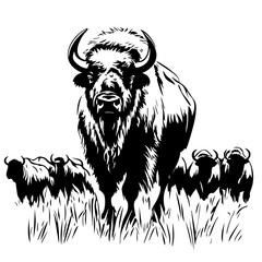 Bison herd grazing in a meadow with a prominent bull leading the group captured as black vector silhouettes emphasizing their impressive stature and natural form
