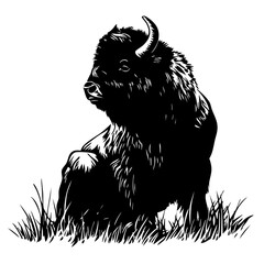 Majestic black vector illustration of a bison sitting peacefully in tall grass during daylight hours showcasing its natural grace and strength