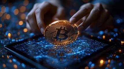 Hands Holding Bitcoin Over Digital Tablet