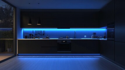 Modern dark kitchen with blue lighting