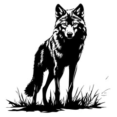 Black vector design of a standing wolf illustrating strength and focus by showcasing detailed fur patterns and intense expression during twilight in a natural setting