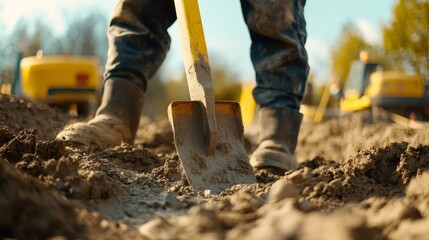 A construction worker digging foundations at a building site. Featuring effort and focus