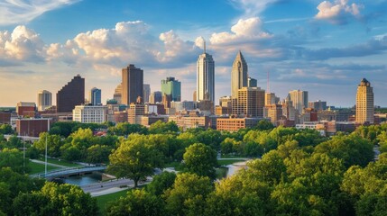 Obraz premium Cityscape, Skyline, Park, Sunset, Green, Urban, Buildings, River, Summer, Travel