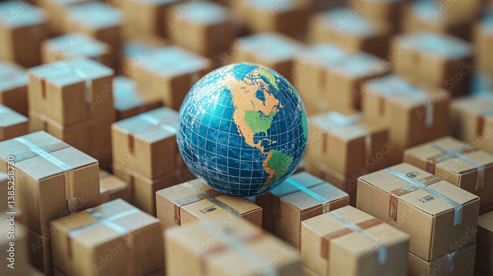 Poster tiny model globe placed on top of a grid of cardboard delivery boxes