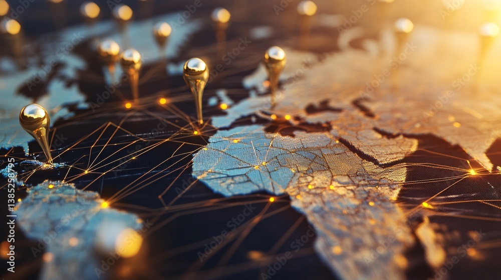 Aufkleber illustrating global connectivity and business with golden pins and lines on a world map