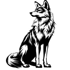 Elegant black vector representation of a sitting fox displaying intricate fur details and poised posture for timeless design applications