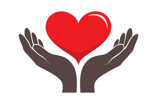 Dark Hands Cupping Red Heart on White Support, Care, Love Concept