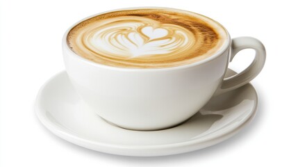 Creamy Latte with Heart-Shaped Foam in White Cup on a Saucer Against a Clean White Background