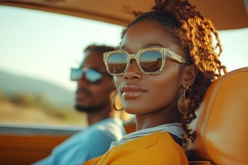 Travel, road trip and black people couple driving by countryside for holiday, journey and freedom with happiness. Trendy sunglasses, fashion and gen z