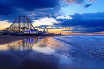 Obraz premium A view of the Blackpool Pleasure Beach roller coasters silhouetted against the evening sky