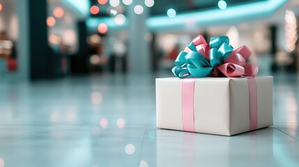 A trendy gift box decorated with pink and blue ribbons captures attention as it sits on a polished floor, symbolizing excitement and the joy of giving during special occasions.